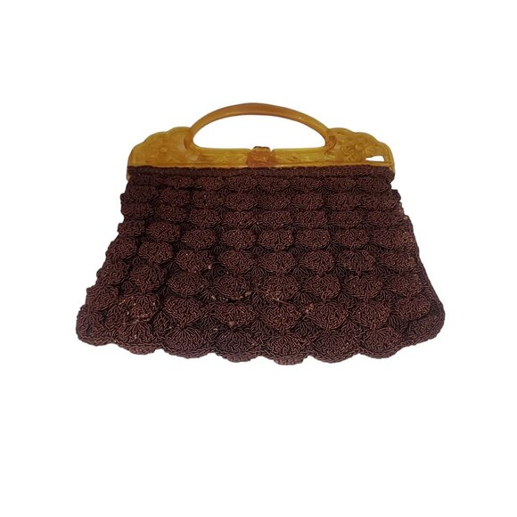 Vintage Crocheted Bag With Celluloid? Molded Handle (A6400) - Picture 1 of 5
